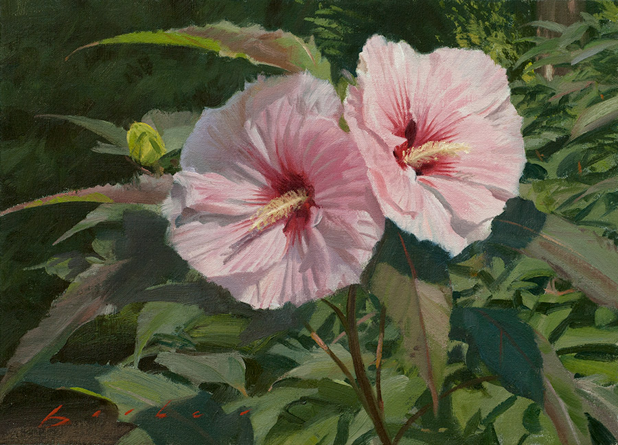 painting titled rose mallows together