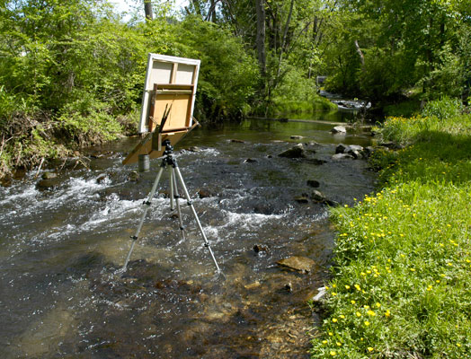 Photo of Robert's easel in a local stream, courtesy of his new rubber boots